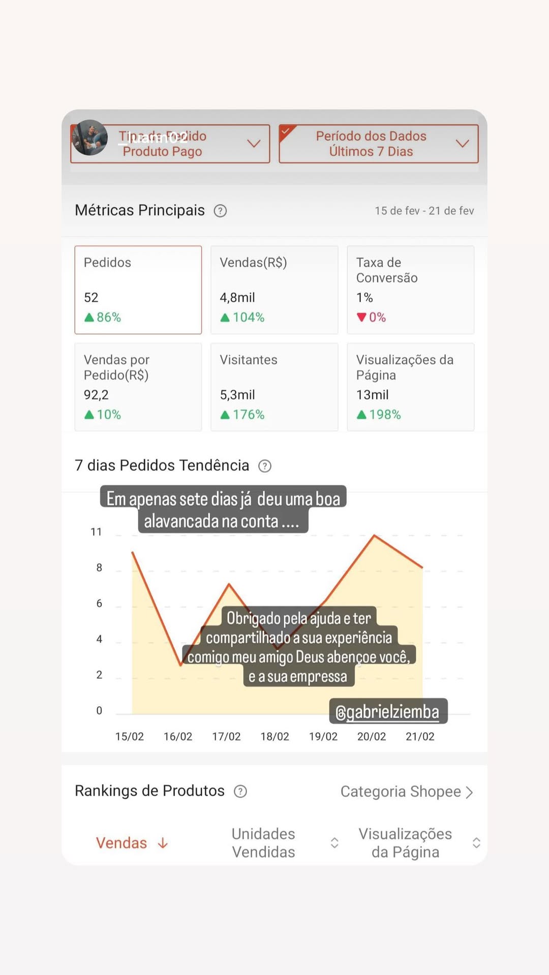 Registro enviado por aluno com painel de pedidos e agradecimento pela orientação em marketplace.